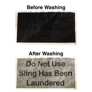 Before washing label is a black rectangle.  After washing label shows Do Not Use Sling Has Been Laundered