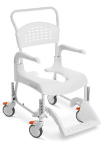 White sturdy plastic Clean shower chair with height adjustable casters and removable arms