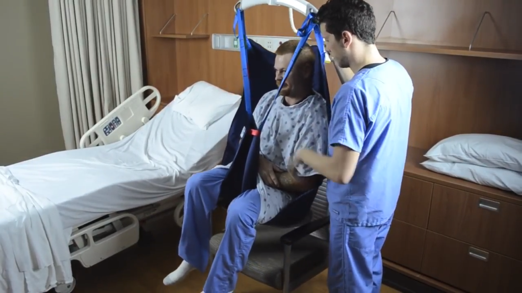 Transferring Patient from Chair to Bed with Opti-Pose Sling and Ceiling Lift