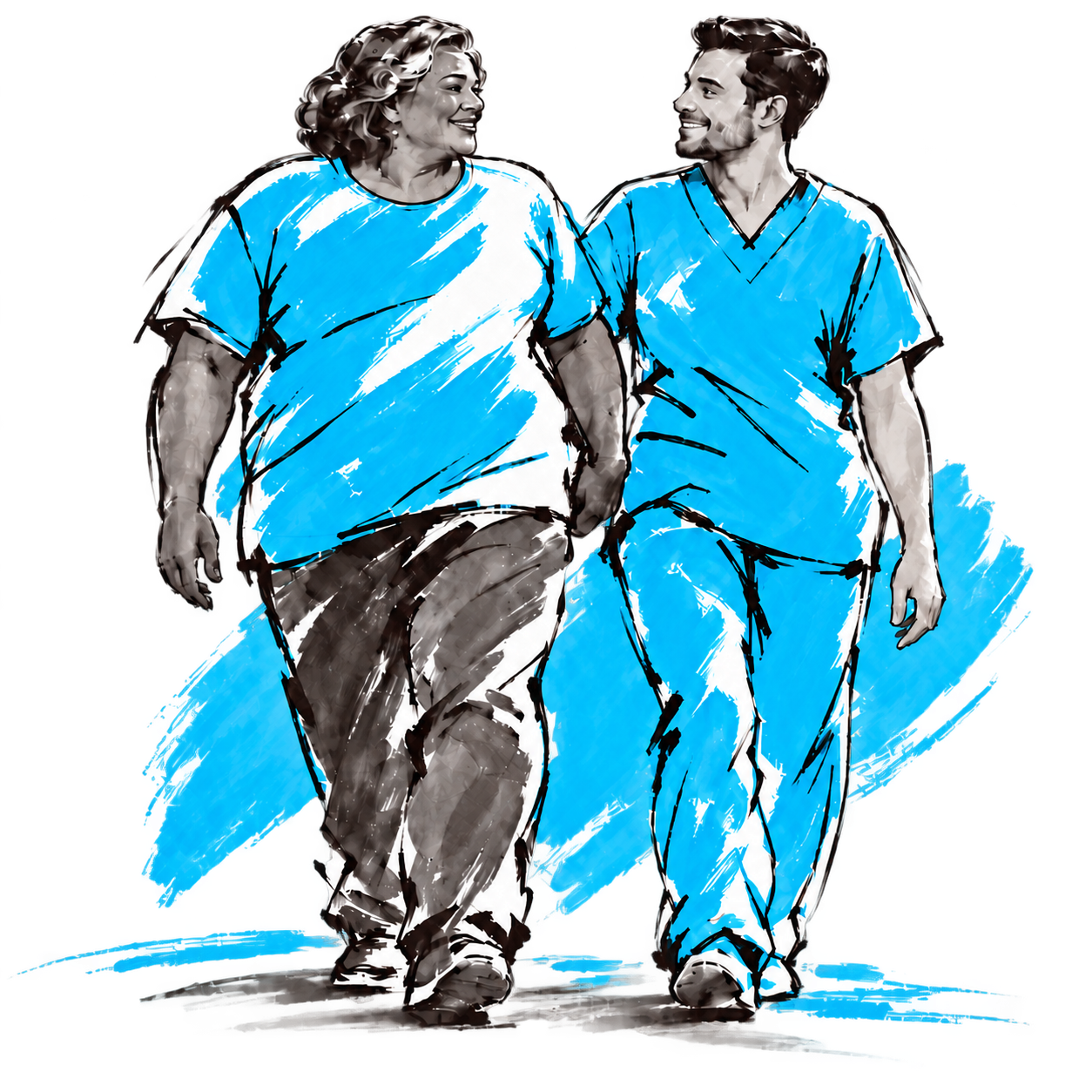 Illustration of a smiling patient and a caregiver in scrubs walking together side by side